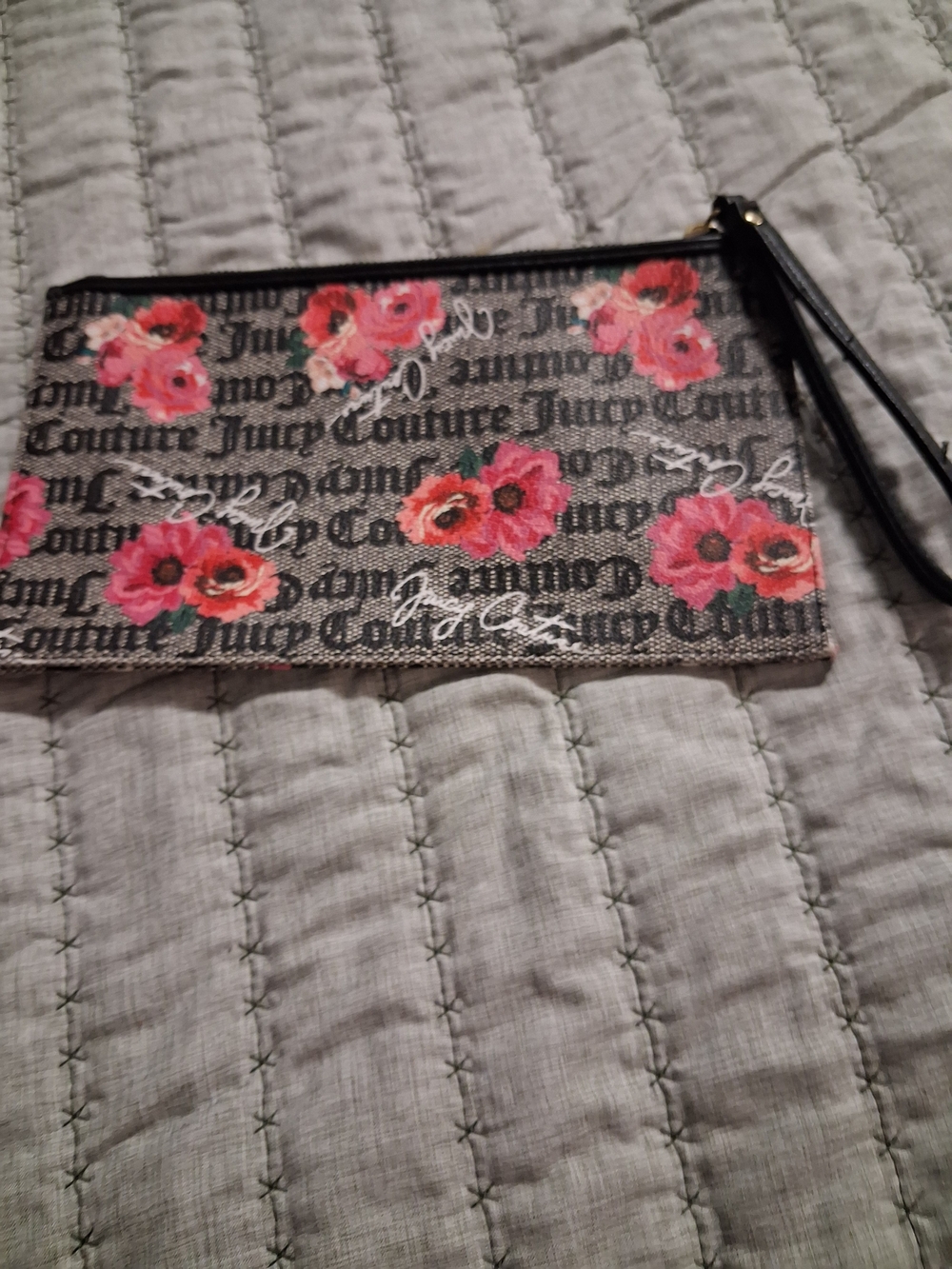 Juicy Couture Floral Logo Wristlet Clutch - Pink Floral on Black